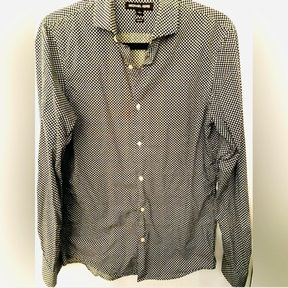 Michael Kors Black & White Geometric Stretch Slim Fit L/S Mens Shirt S